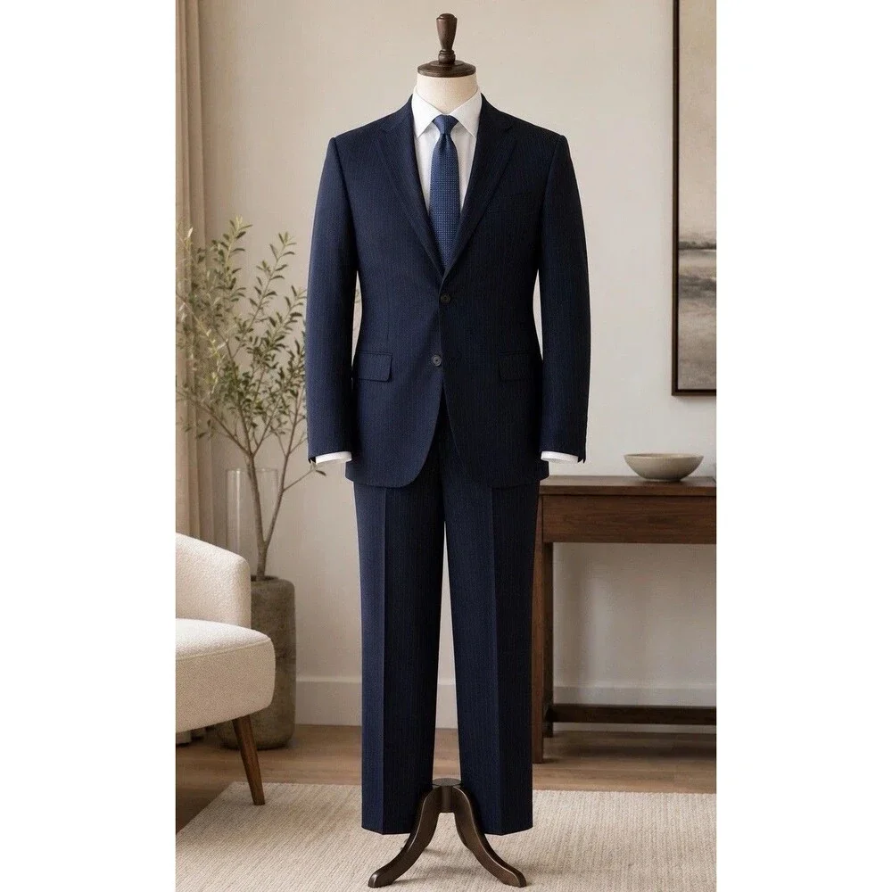 JCPenney The Men’s Shop Pinstripe Suit 44R 36x31 Navy 2 Button Wool Blend